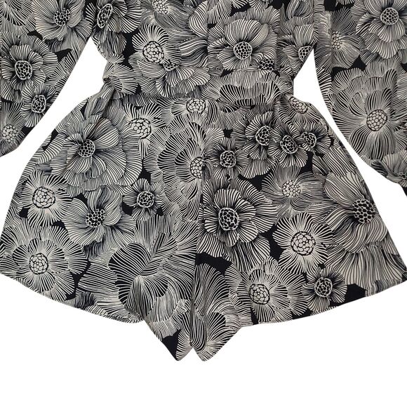 Express Romper Womens Large Black Beige Floral Long Sleeve Tie Front Bohemian - Picture 7 of 13